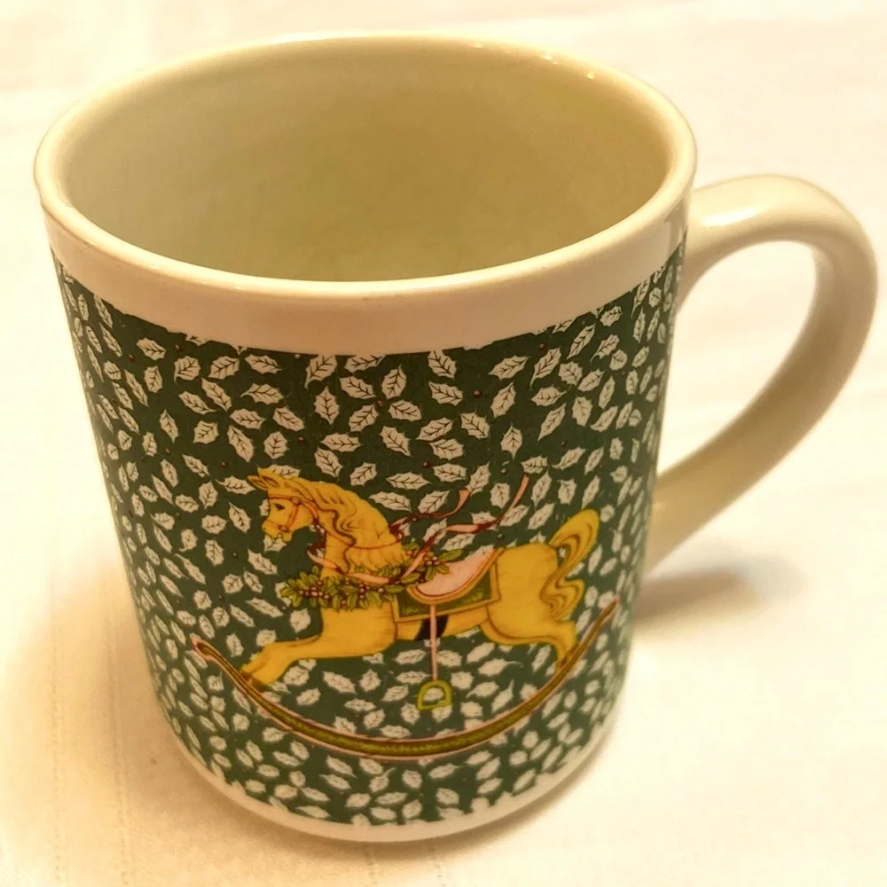 Rocking Horse Ceramic Coffee Mug - Cup features Green & White Holley Leaves-EUC